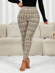 SHEIN Lady Quần legging kẻ caro đính nút cho nữ, thời trang và đa năng - Màu be - Xem 4