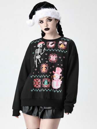 Goth Felpa girocollo da donna con stampa gotica a pixel a tema teschio, tema natalizio