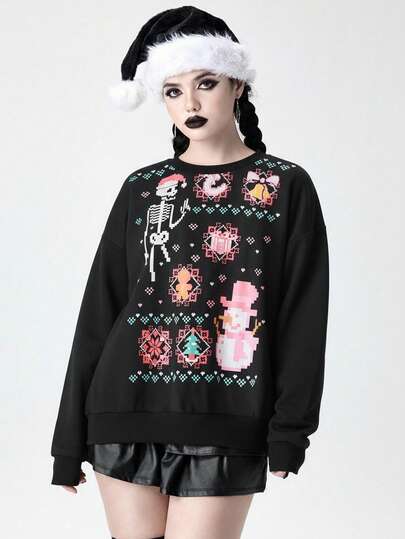 Gothic Skull Pixel Art Print Crew Neck Sweatshirt For Women, Christmas Theme