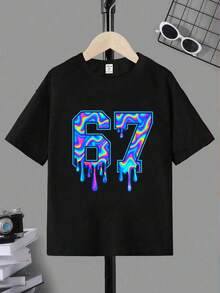 男童休闲时尚创意数字67图案印花百搭短袖T恤，舒适温暖的夏秋款式，适合男童日常休闲穿着 - 黑色 - 查看 8