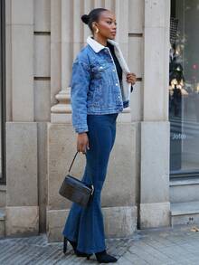 Yess Loren 秋冬保暖内衬宽松休闲牛仔夹克 - 中等水洗藍 - 查看 4