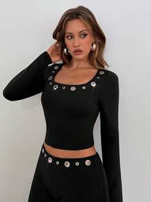 Aloruh Women's Solid Black Top And Pants 2 Pieces Set,Y2K Style Eyelets Rivets Decor Long Sleeve Crop Top,Black And Silver,Summer,Chic,Club Winter Outfits - Black - View 4