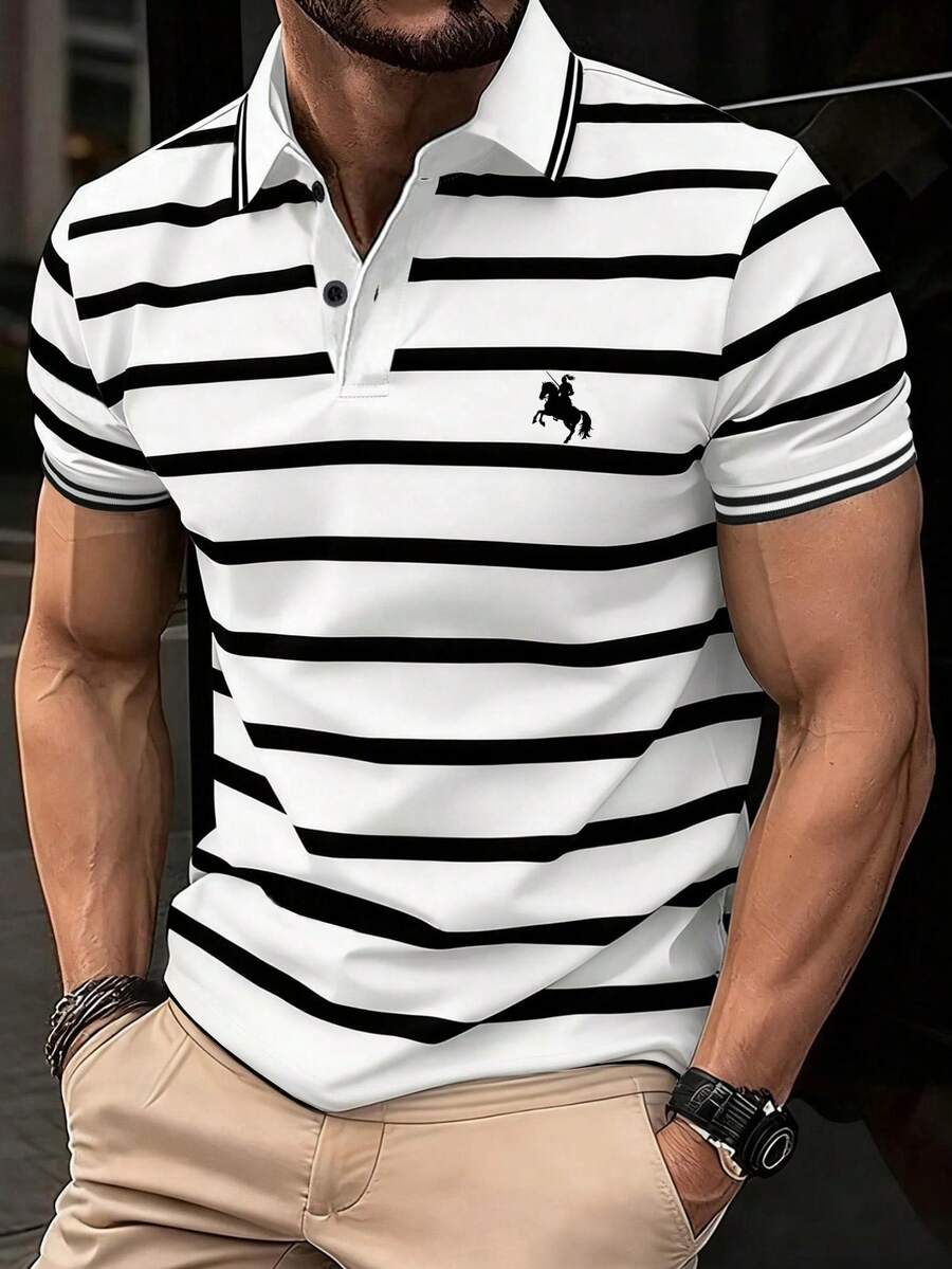 Manfinity Dauomo Classic Centaur Knight Print, Vertical Stripe Print Pattern, Stylish Men's Polo Shirt, Casual Versatile Wear, Autumn - Black and White - View 1