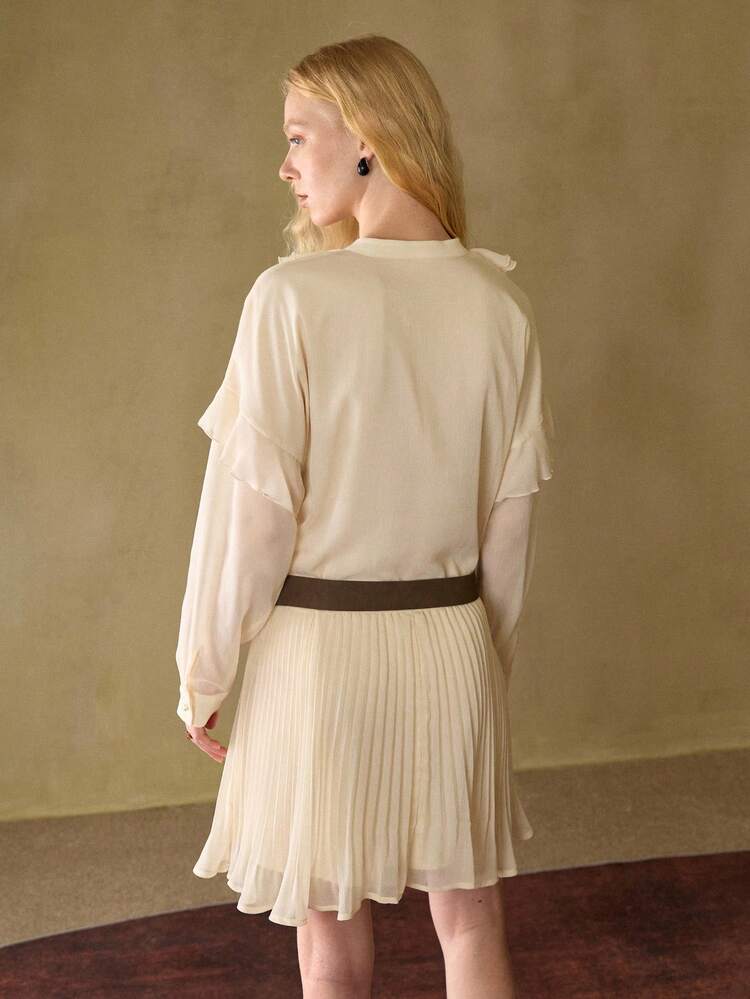 MOTF STUDIO WOMEN'S CHIFFON RUFFLE LACE UP FRONT PLEATED SHORT DRESS WITH BELT