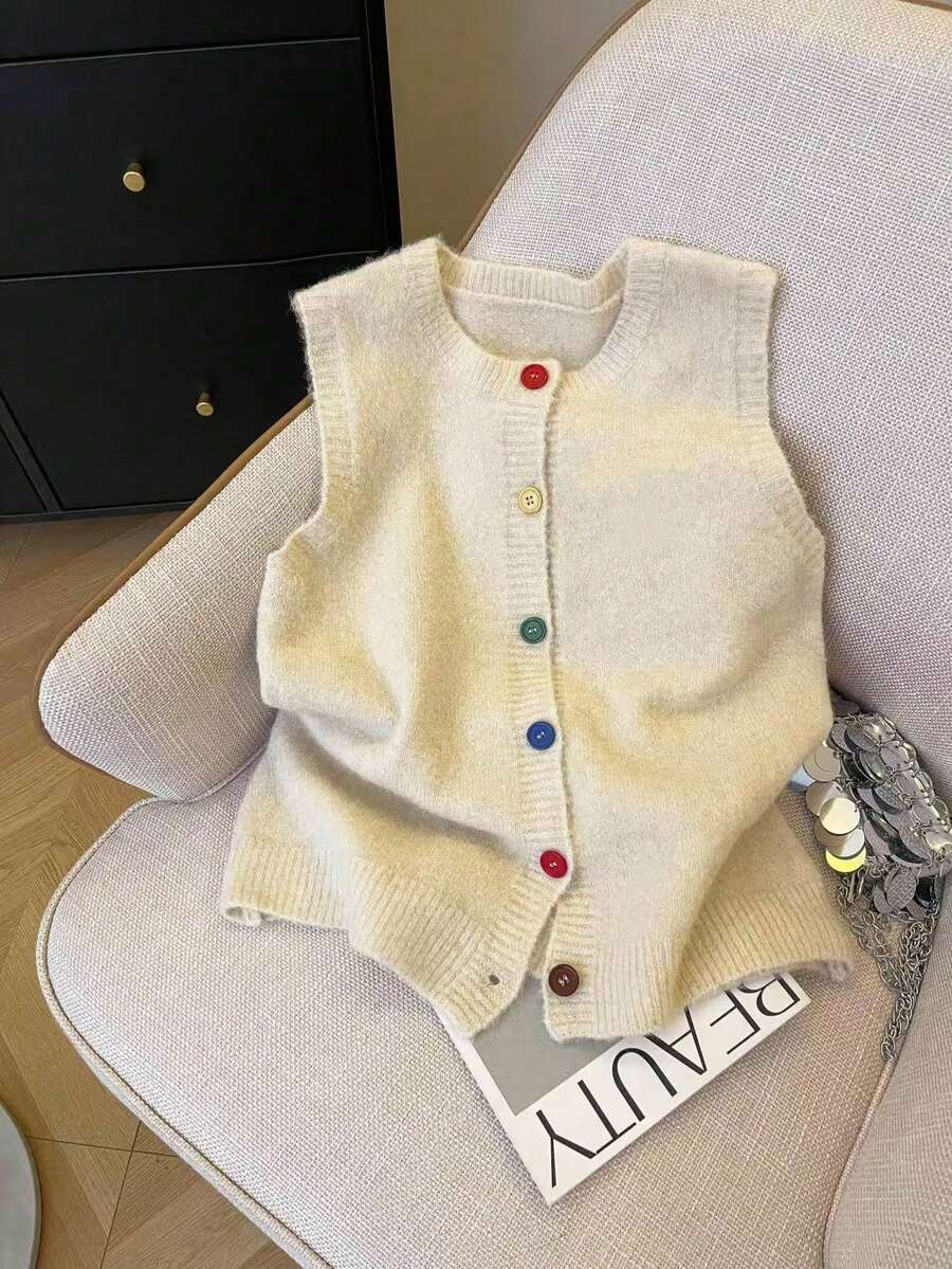 Resyla Loose Fit Round Neck Sleeveless Front Button Casual Cardigan - Apricot - View 1