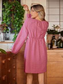 Lullawish Camisón largo de manga larga con parches de color contrastante y lazo para mujer, vestido de casa, lencería de encaje, ropa de dormir tipo babydoll con botones delanteros, para invierno - Rosa vieja - Ver 2