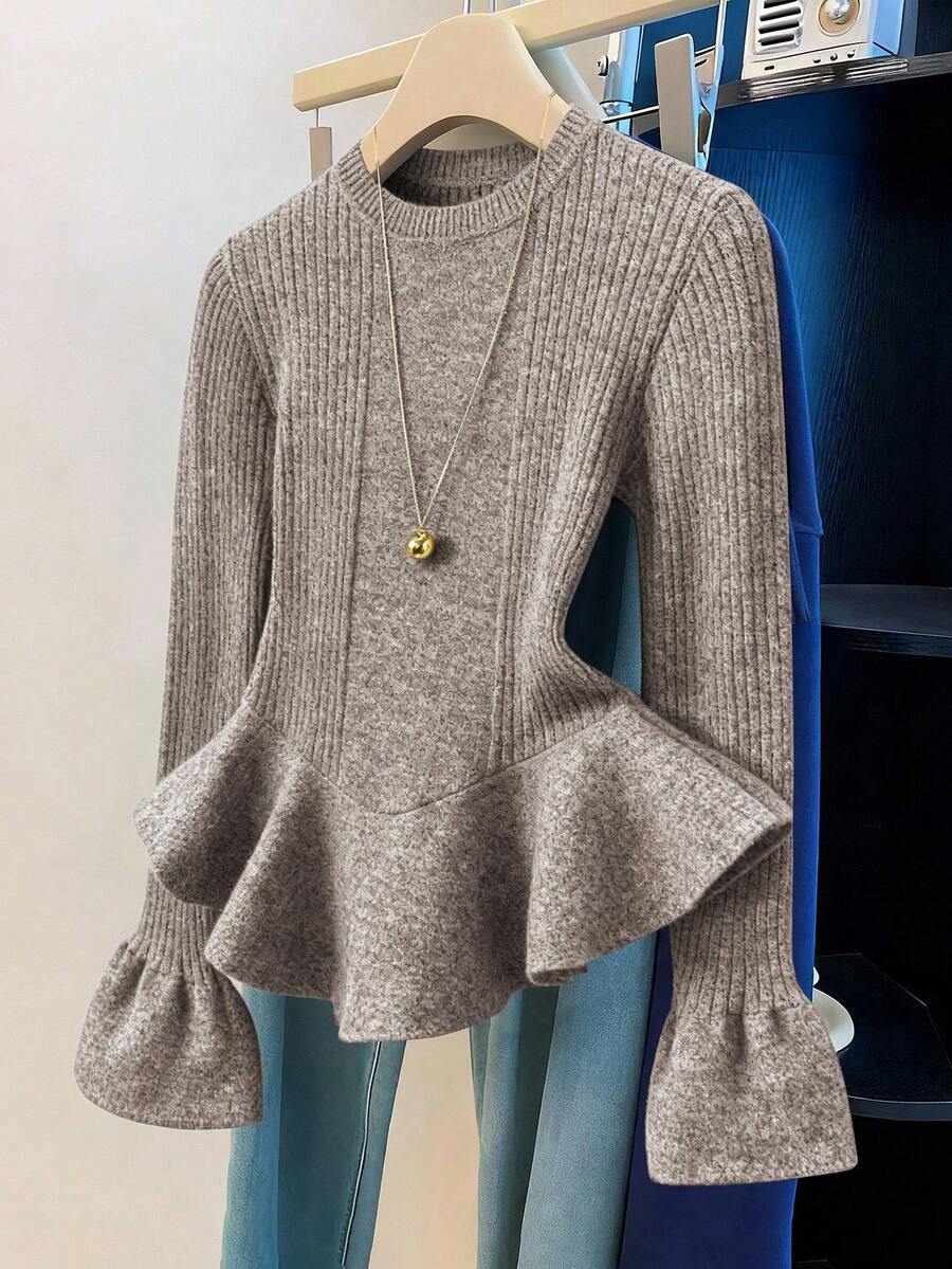 Franclia Women's Solid Color Minimalist Crew Neck Flare Sleeve Sweater, Everyday Wear - Khaki - View 1