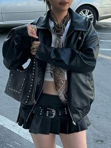 INAWLY 女士黑色时尚机车休闲宽松长袖皮夹克，秋冬外套 - 黑色 - 查看 4