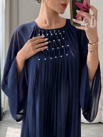 Al Najma Robe élégante ample de style arabe, plissée, avec décoration de faux perles, couleur unie pour femmes