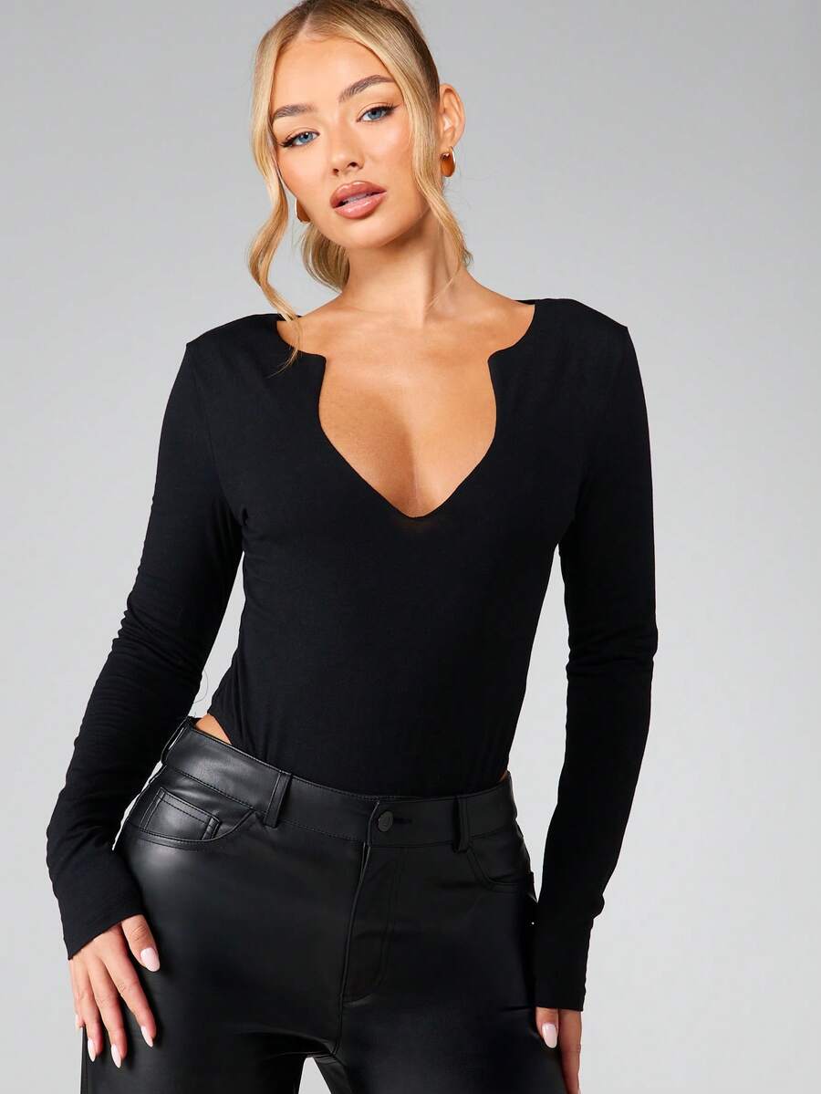 MISSGUIDED Low Cut Deep V Neck Long Sleeve Fitted Bodysuit Fall Winter Layering Essential - Black - View 1