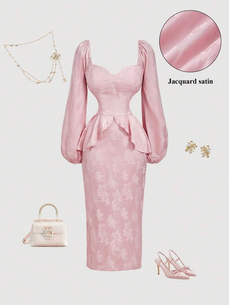 SHEIN MOD Vestido elegante de longitud media con cuello de corazón, mangas farol y volantes en el bajo, en tela jacquard con estampado floral para mujer - Rosa - Ver 1