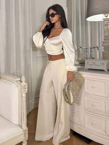 Ronhire Elegantes Damen Wickelshirt mit Laternärmeln in Unifarbe, Frühling/Sommer - Weiss - Übersicht 6