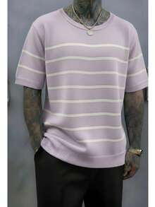 Playera casual para hombre estilo sencillo con diseño de rayas tela de punto holgada cuello redondo manga corta para primavera verano uso diario - Morado - Ver 1