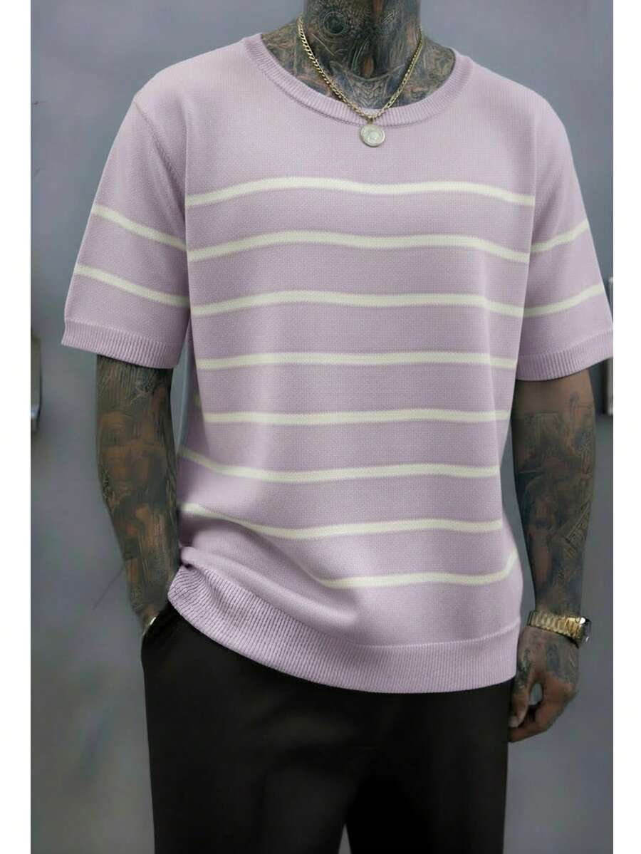 Playera casual para hombre estilo sencillo con diseño de rayas tela de punto holgada cuello redondo manga corta para primavera verano uso diario - Morado - Ver 1