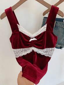 Comfortcana 女士优雅撞色蕾丝褶皱天鹅绒吊带背心情人节酒红色正式上衣 - 酒紅色 - 查看 6