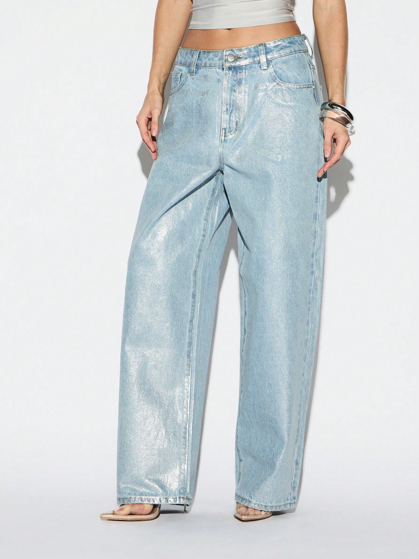 KIZN High Rise Wide Leg Metallic Silver Jeans