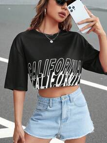 Muchica Letter Graphic Drop Shoulder Crop Tee - Black - View 5