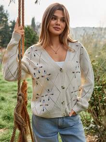 EURMUSE Áo khoác len cardigan Pointelle màu ngà thêu hoa pastel và họa tiết kim cương - Màu be - Xem 1