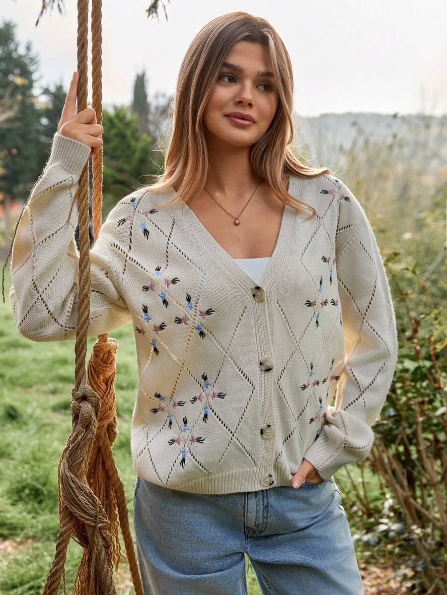 EURMUSE Áo khoác len cardigan Pointelle màu ngà thêu hoa pastel và họa tiết kim cương - Màu be - Xem 1