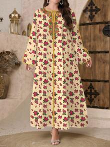 SHEIN Najma Váy maxi dài tay kiểu Ả Rập thanh lịch cổ chữ V in hoa và họa tiết cỡ lớn dành cho nữ, mùa xuân - Nhiều màu - Xem 4