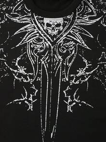 ROMWE MEN Men's Casual Fashion Street Punk Gothic Flare Sleeve Loose T-Shirt With Printed Design, Suitable For Spring And Autumn - Black - View 3