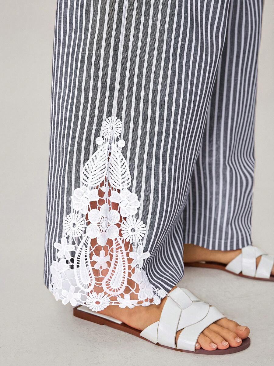 Freevana Bohemian Romantic Vacation Early Spring New Striped Lace Patchwork Wide Leg Pants For Women With Pockets - Black and White - View 1