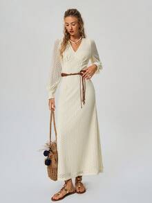 Freevana 女士V领长袖露背蝴蝶结连衣裙，浪漫早春约会装 - 彩色 - 查看 5