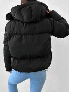 EURMUSE Solid Color Hooded Padded Jacket With Side Pockets And Drawstring Hem - Black - View 2