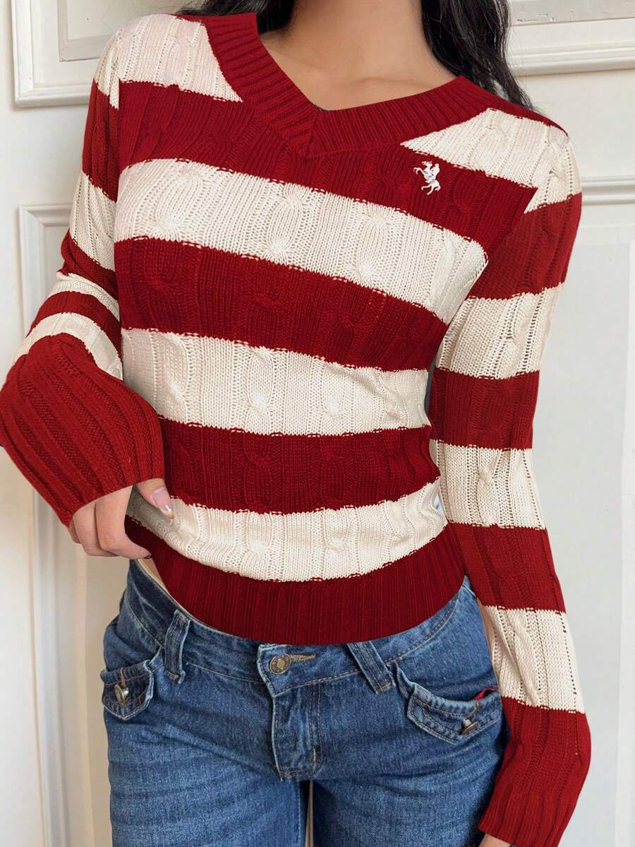SHEIN EZwear 女士休闲红白撞色条纹刺绣毛衣,秋冬季校服上衣,冬季女式毛衣,圣诞节女式毛衣 - 紅白色 - 查看 1
