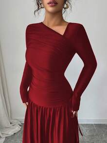 Elenzga New Women's Oblique Collar Long Sleeve Pleated Bowknot Design A-Line Waist Cinched Slimming Vacation Casual Elegant Long Dress, Spring/Autumn - Burgundy - View 5