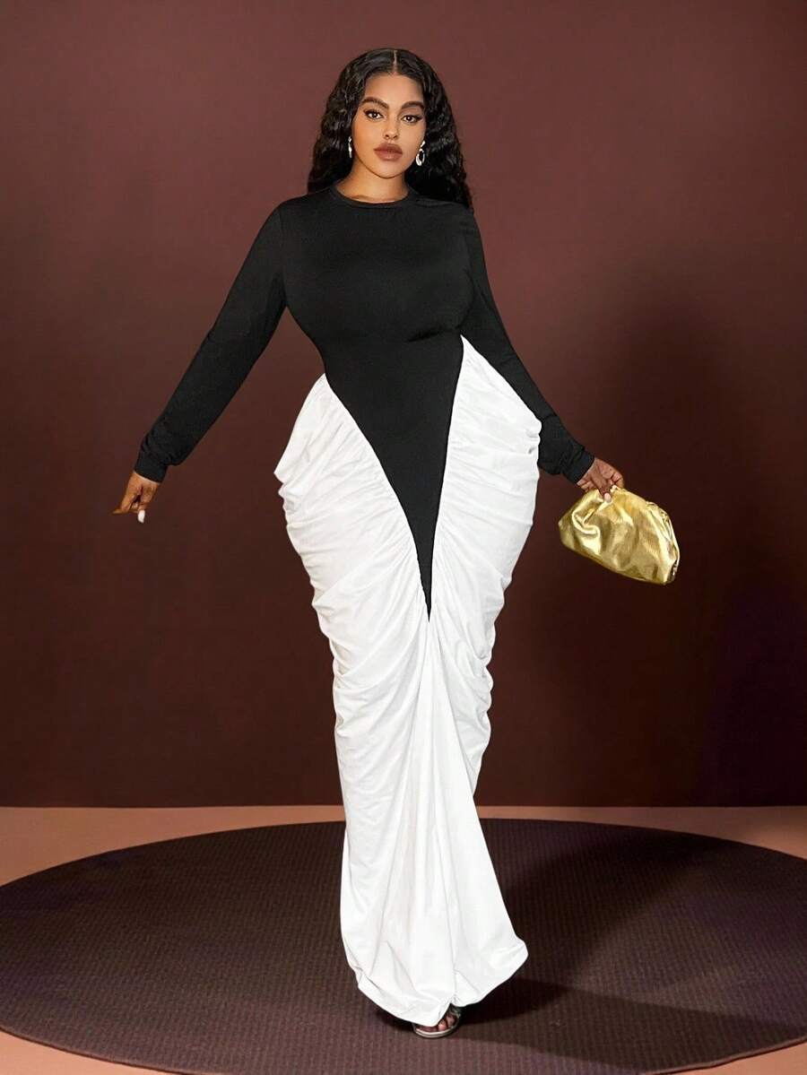 Veslaya 2025 Autumn/Winter Plus Size Women's Dress, Y2K Street Style, Elegant Ruched Colorblock Dress For School, Work, Party, Commute - Black and White - View 1