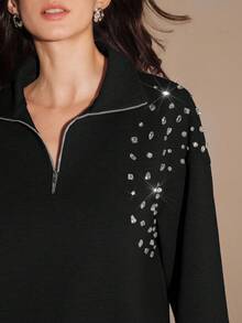 Anewsta Fashionable Embellished Beaded Loose Fit Pullover Sweatshirt, Grey, For Women, Autumn/Winter, Christmas - Black - View 2