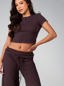 MISSGUIDED Ribbed Button Front Crop Top And Wide Leg Palazzo Pants Pajama Co Ord Set With Lettuce Edge Trim - Coffee Brown - View 3