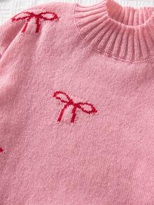 Tween Girl Sweater,Casual Cute Pink Autumn Knitted Short Sweater With Bow Pattern,Soft Comfortable For Wedding Ninang,Daily,Christmas,Back-To-School - Pink - View 8
