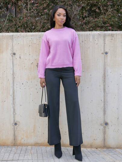 Yess Loren 女士纯色圆领长袖简约休闲套头毛衣、长袖上衣