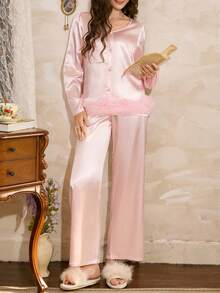 Côtesoire Elegant Mature French Jacquard Women Pajama Set Satin Sleepwear Set Light Pink Satin Pajamas Set Sleep Wear Women Silk, Fall & Winter Clothes - Baby Pink - View 3