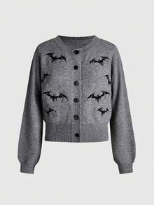 ROMWE Gothic Dark Bat Embroidery Knit Cardigan - Dark Grey - View 1