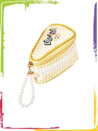 Teletubbies X ROMWE Letter Graphic Fashion Faux Pearl Bow Cake Shaped Makeup Bag, Girly Portable Mini Cosmetic Pouch