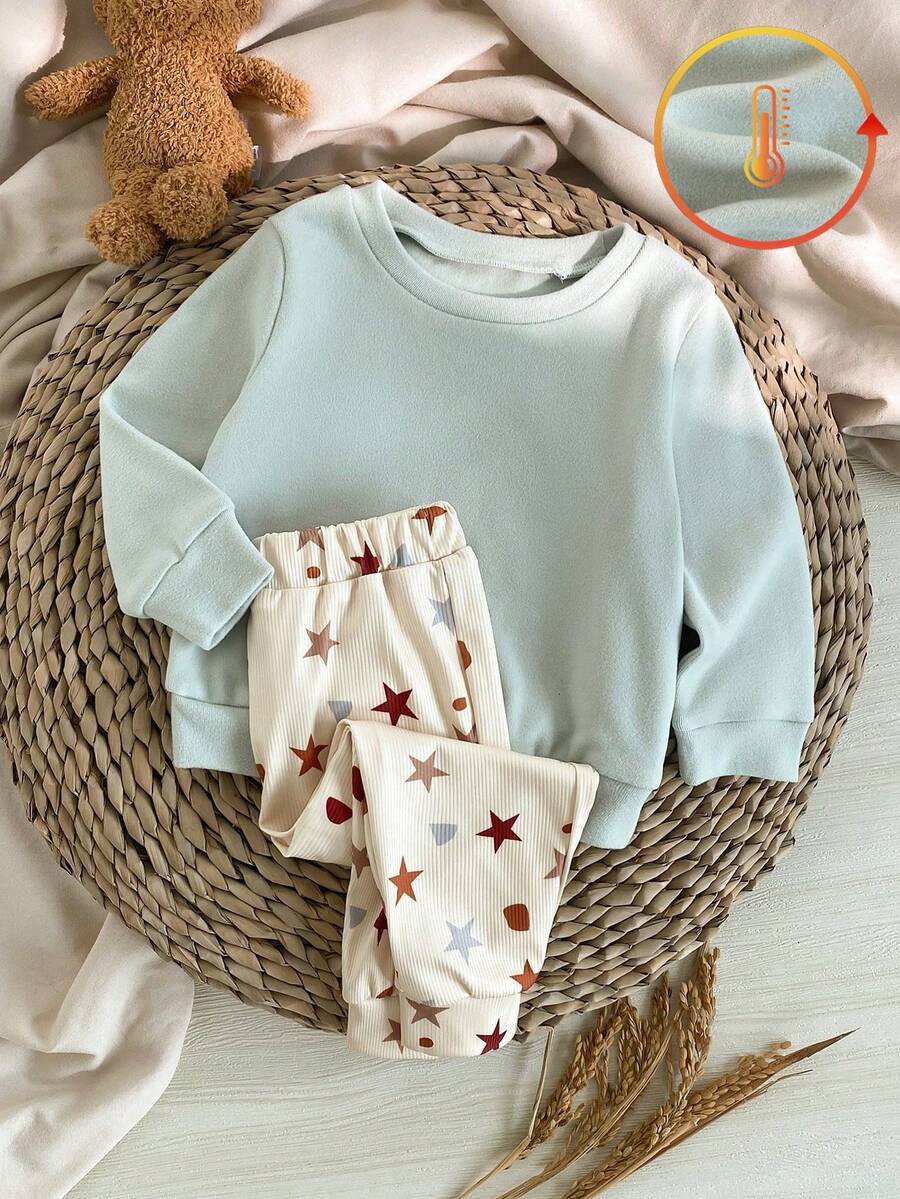 SHEIN Toddler Boys' Fleece Sweatshirt And Ribbed Geometric Print Pants Set,Light Blue,Autumn,Cute,Family Matching,Baby Unisex Long Sleeve Pajama Outfit - Multicolor - View 1