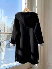 Franclia 秋冬新款女士休闲连帽黑色宽松羊毛混纺开衫