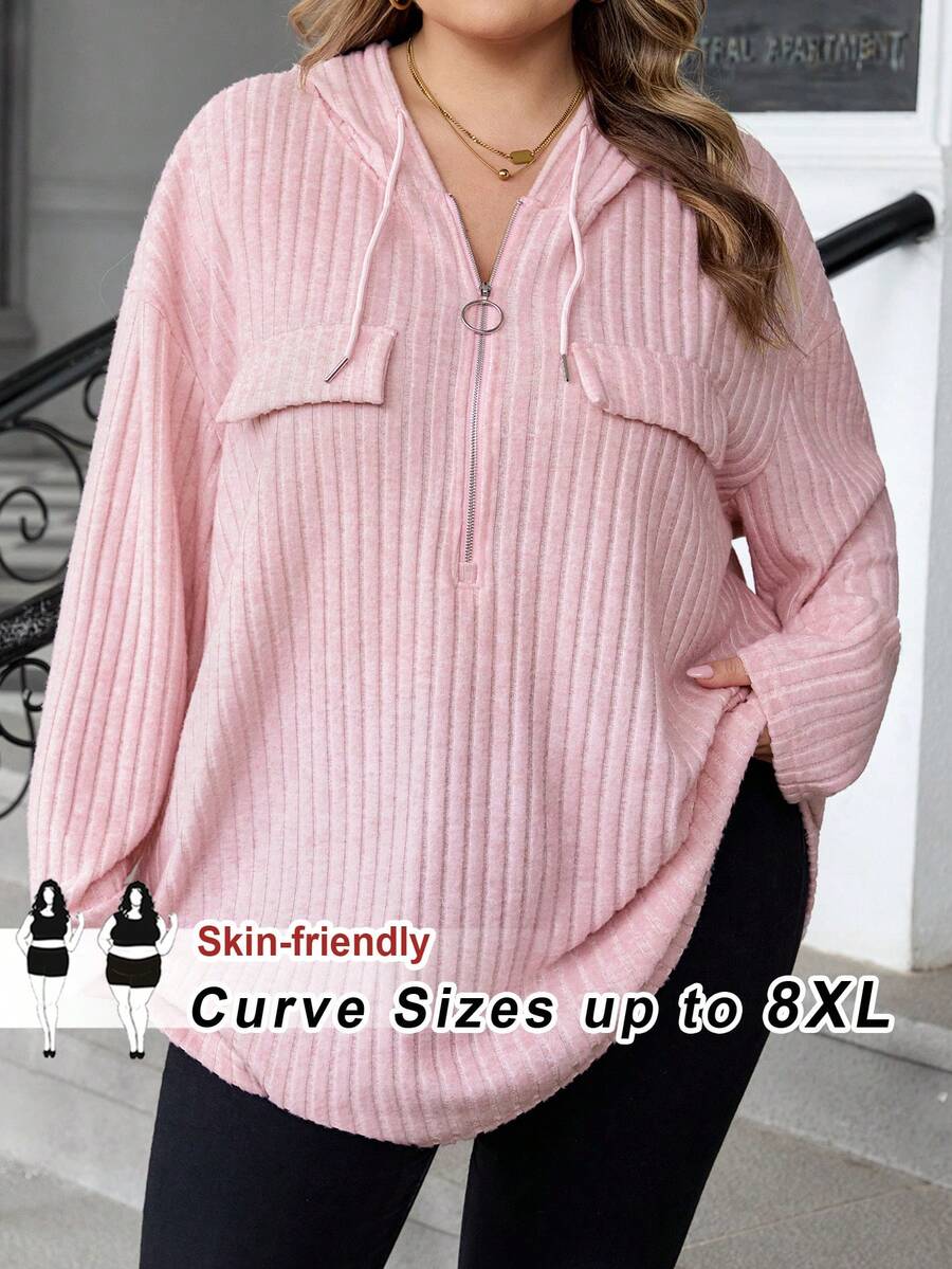 SHEIN CURVE+ Áo thun chui đầu họa tiết gân có mũ trùm đầu nửa khóa kéo cỡ lớn dành cho nữ, mùa thu/đông - Màu Hồng baby - Xem 1