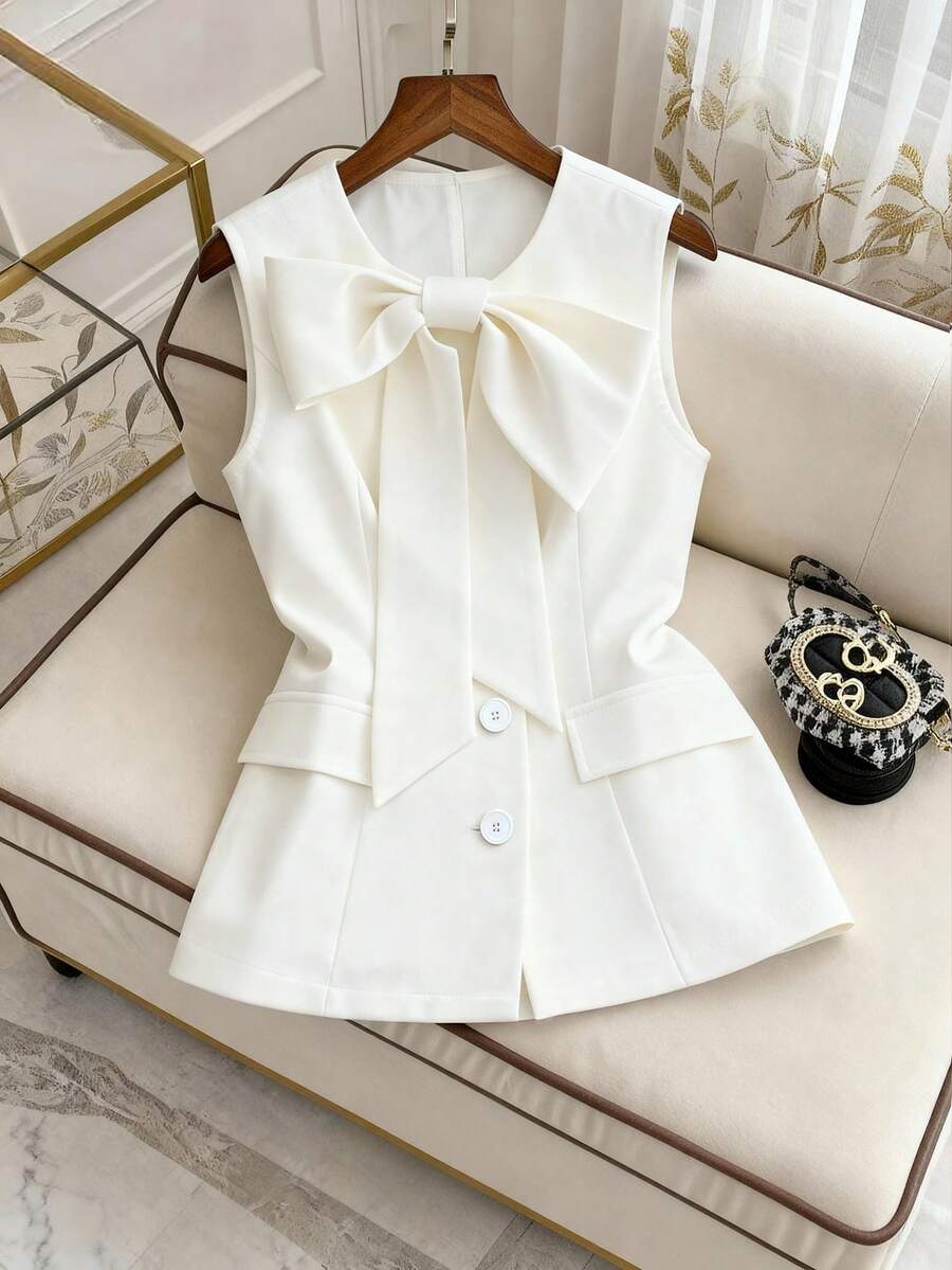 GlowEve Gilet donna tinta unita con patta decorativa, blusa elegante con colletto a fiocco, blusa professionale adatta per insegnanti, stile essenziale per business e pendolarismo in primavera/estate, blusa per insegnanti donne, vacanza in campagna - Beige - Visualizzare 1