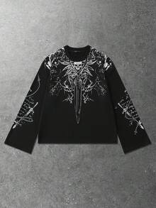 ROMWE MEN Men's Casual Fashion Street Punk Gothic Flare Sleeve Loose T-Shirt With Printed Design, Suitable For Spring And Autumn - Black - View 1