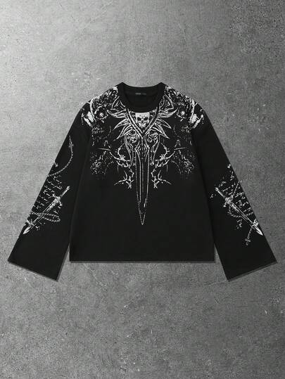 Camiseta holgada de manga acampanada con diseño estampado, estilo casual, punk y gótico, adecuada para primavera y otoño