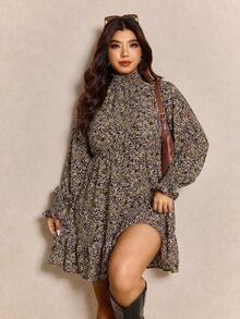 Elaquor Plus Size Casual Ditsy Floral Stand Collar Dress, Autumn Plus Size Boho Dress Ditsy Floral Dress Plus Size Winter Dresses, Casual Outfits For Women - Multicolor - View 1