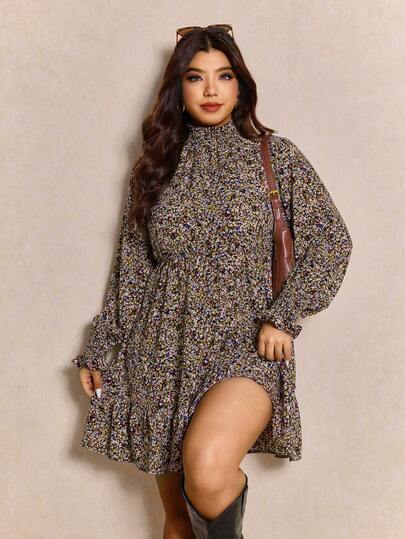 Elaquor Plus Size Casual Ditsy Floral Stand Collar Dress, Autumn Plus Size Boho Dress Ditsy Floral Dress Plus Size Winter Dresses, Casual Outfits For Women