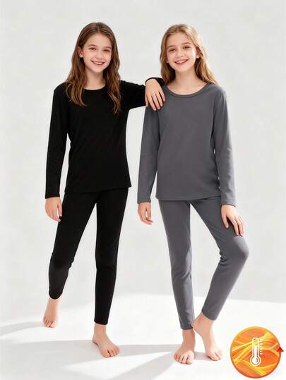 少女黑色和灰色长袖长裤保暖内衣套装