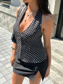 SHEIN Swim Fashionable Sexy Polka Dot Halter Backless Top - Black - View 1