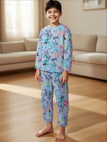 2pcs/Set Boys' Video Game Print Long Sleeve Pajama Set Boys Gamer Pajamas Fall Winter - Baby Blue - View 1