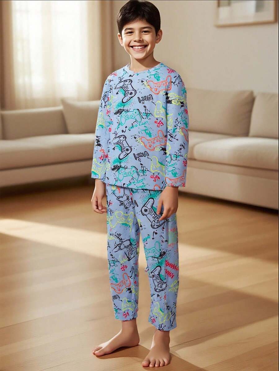 2pcs/Set Boys' Video Game Print Long Sleeve Pajama Set Boys Gamer Pajamas Fall Winter - Baby Blue - View 1